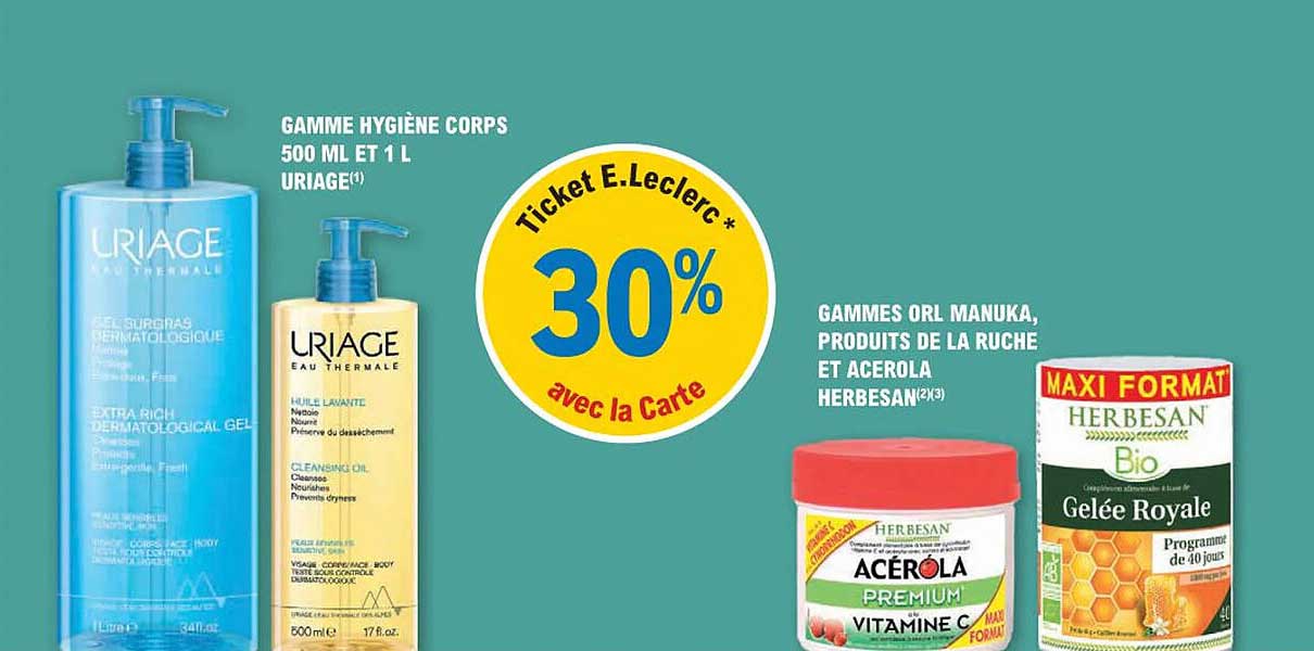 gamme hygiène corps 500 ml et 1 l uriage, gammes orl manuka, produits de la ruche et acerola herbesan