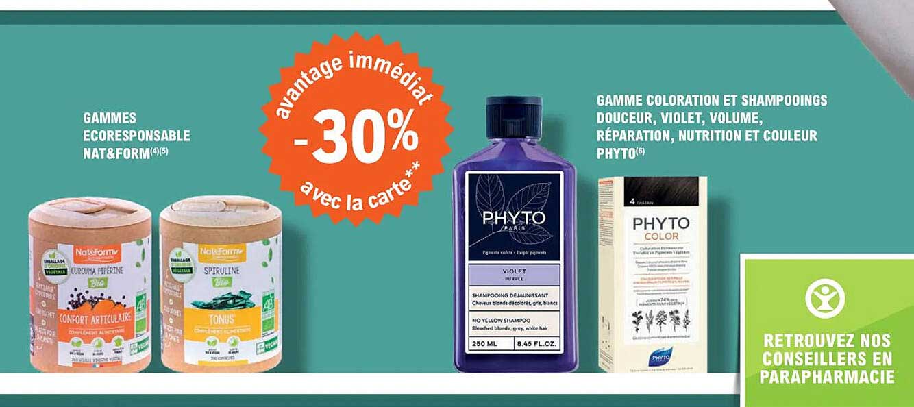 gammes ecoresponsable nat & form, gamme coloration et shampooings douceur, violet, volume, réparation, nutrition et couleur phyto