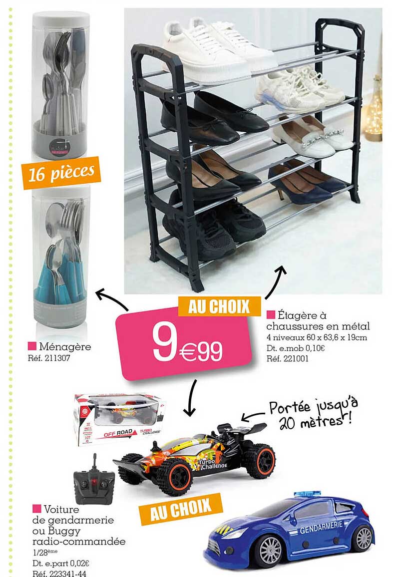 ménagère, étagère à chaussures en métal, voiture de gendarmerie ou buggy radio-commandée