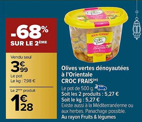 Olives Vertes Dénoyautées à L'orientale Croc Frais