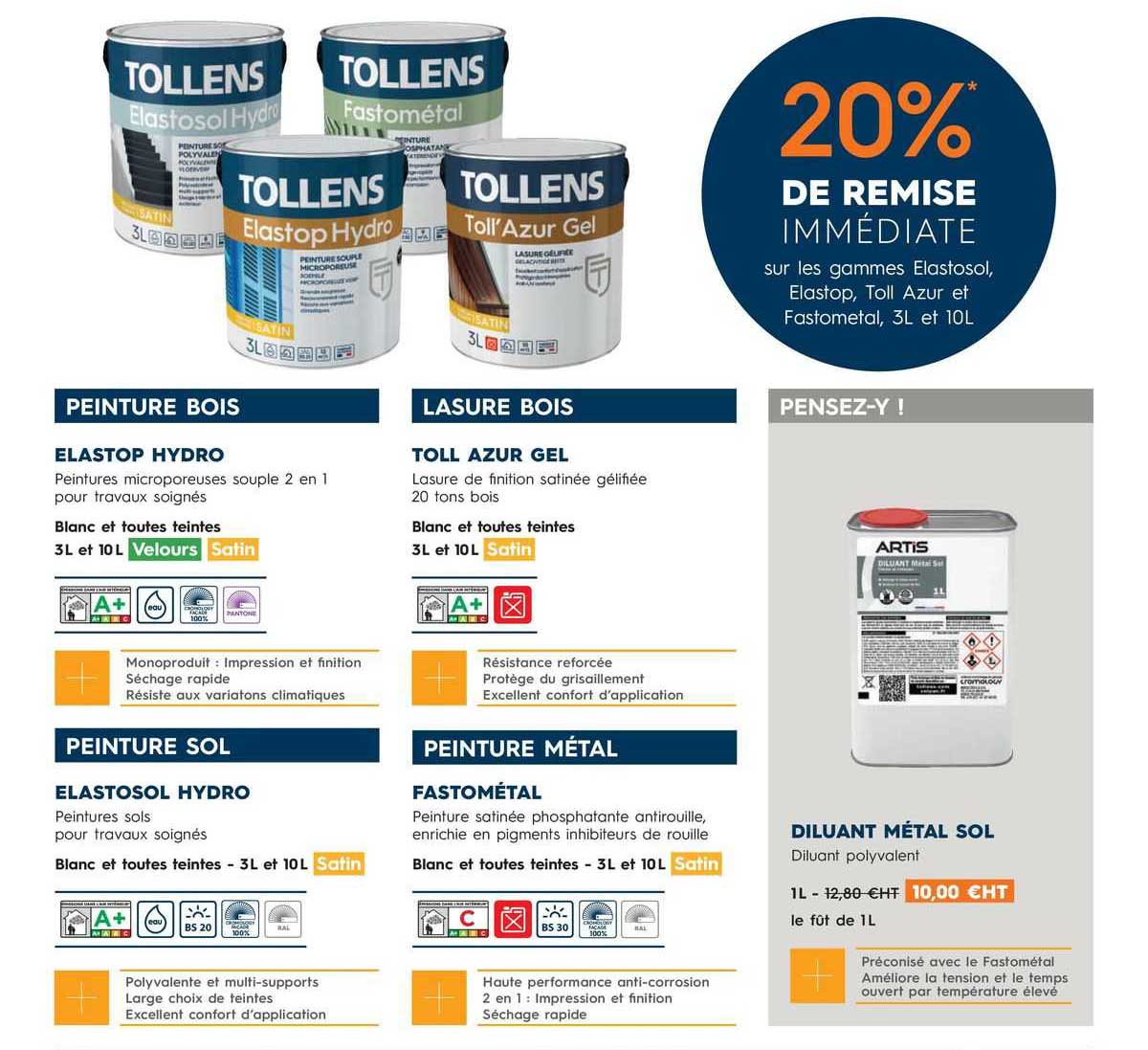 Peinture Bois Elastop Hydro, Peinture Sol Elastosol Hydro, Lasure Bois Toll Aruz Gel, Peinture Métal Fastométal, Diluant Métal Sol Artis