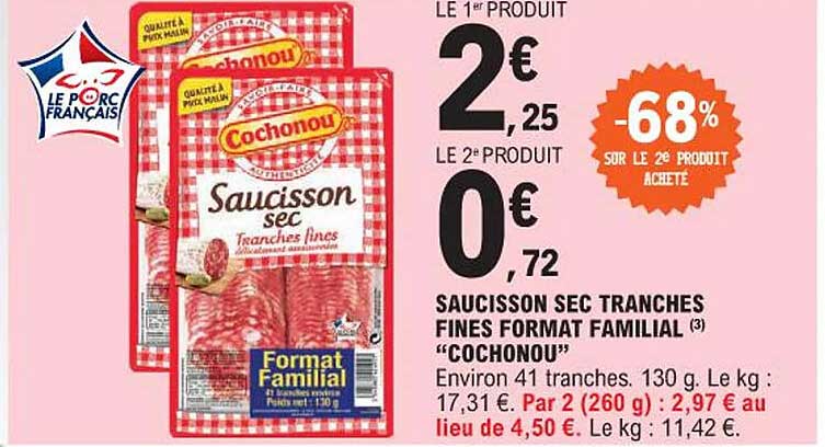 saucisson sec tranches fines format familial "cochonou"