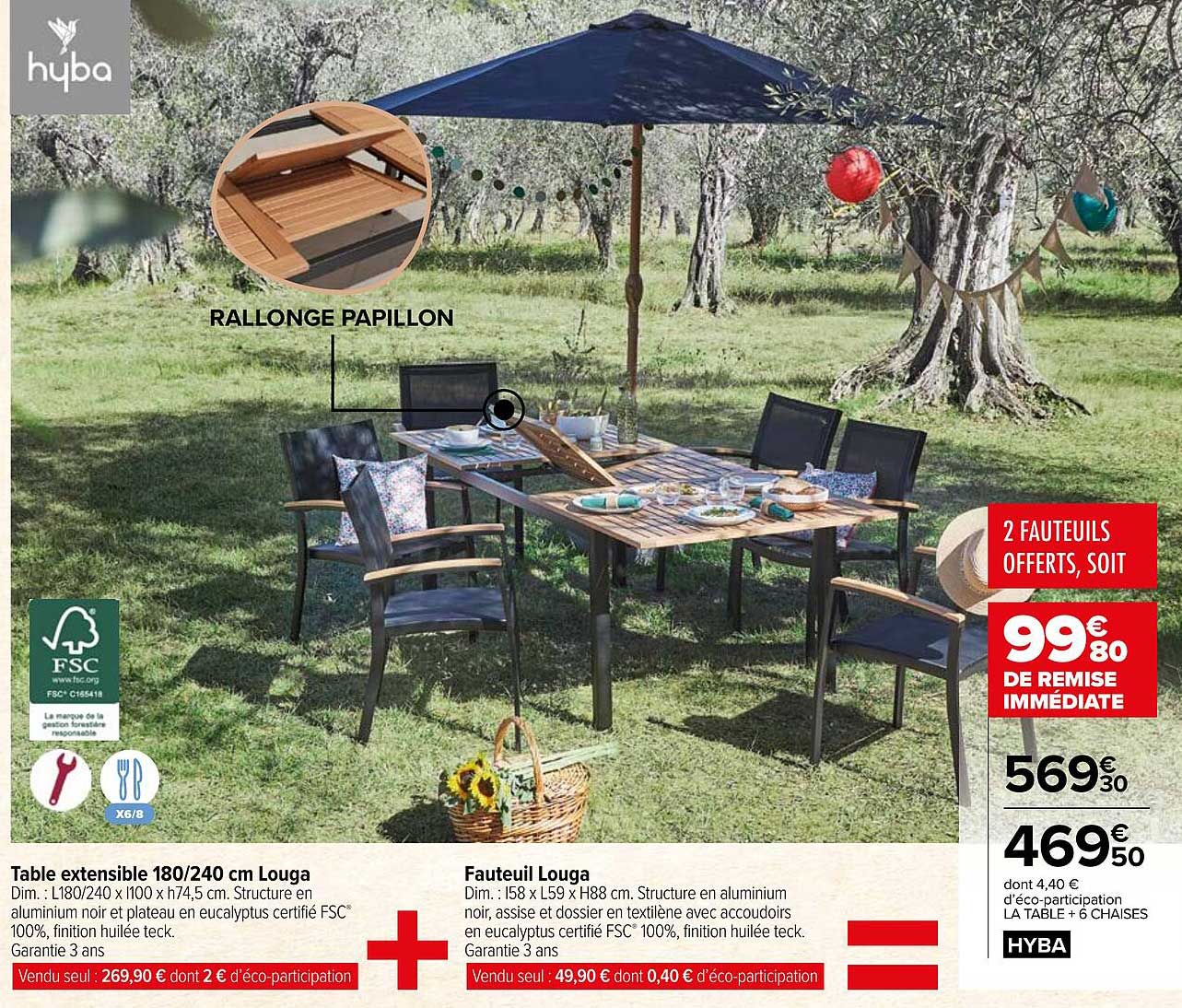 table extensible 180/240 cm louga + fauteuil louga