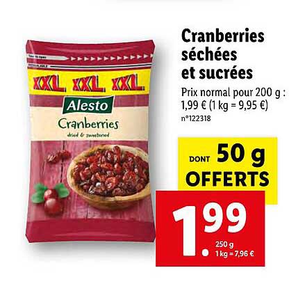 Cranberries Séchées Et Sucrées Alesto