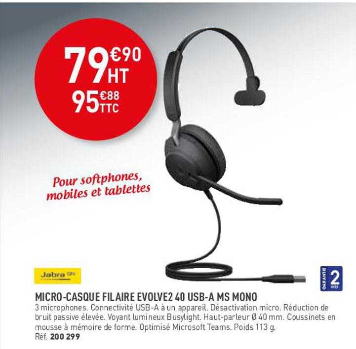micro-casque filaire evolve2 40 usb-a ms mono jabra