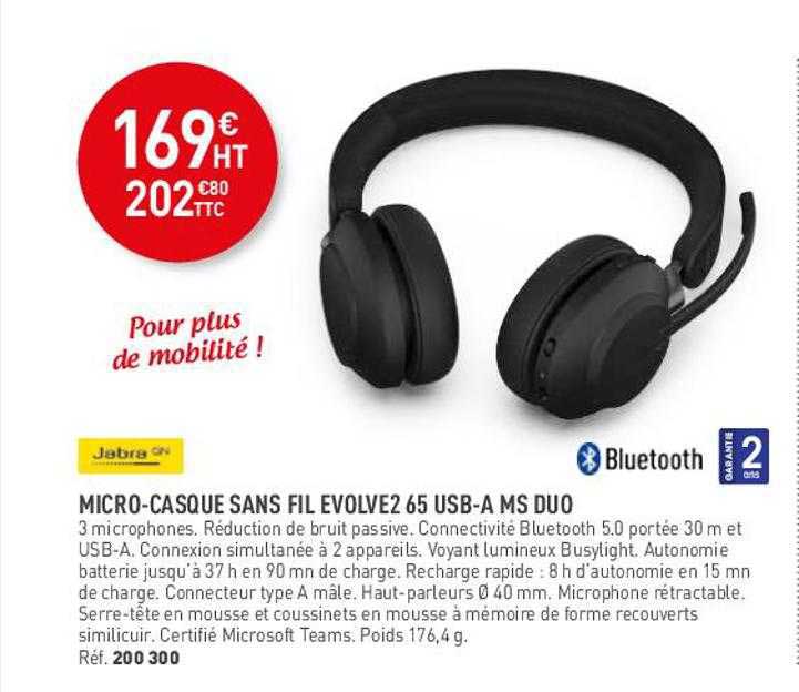 micro-casque sans fil evolve2 65 usb-a ms duo jabra