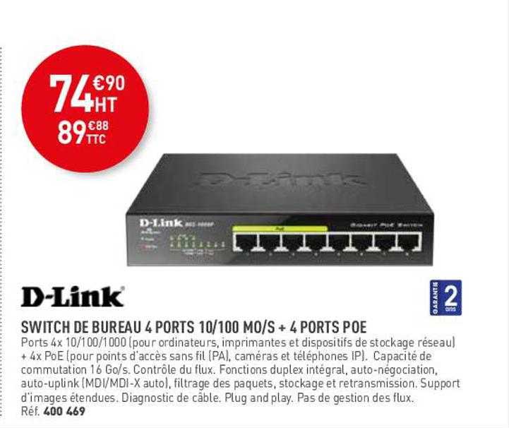switch de bureau 4 ports 10-100 mo-s + 4 ports poe d-link