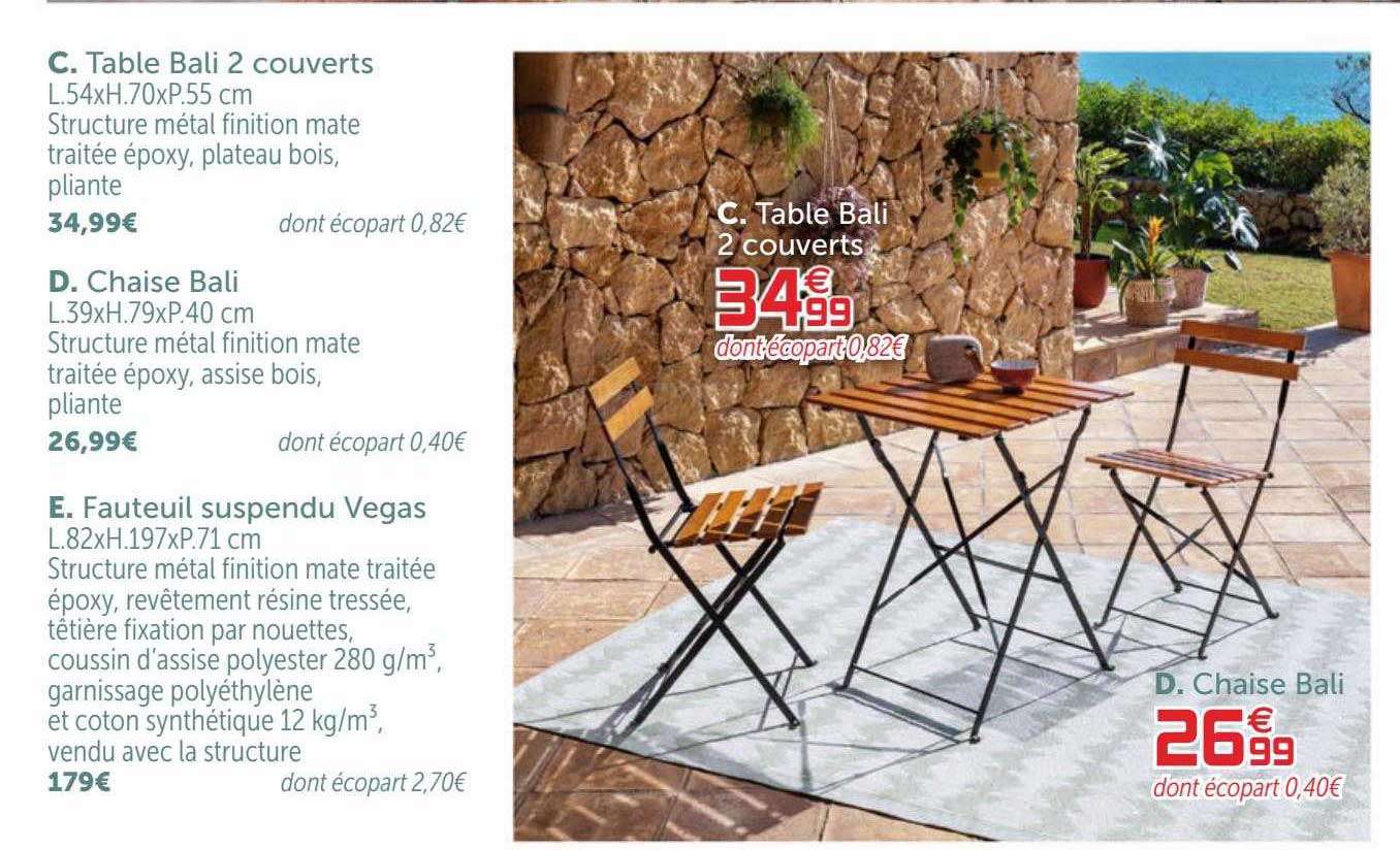 table bati 2 couverts, chaise bali, fauteuil suspendu vegas