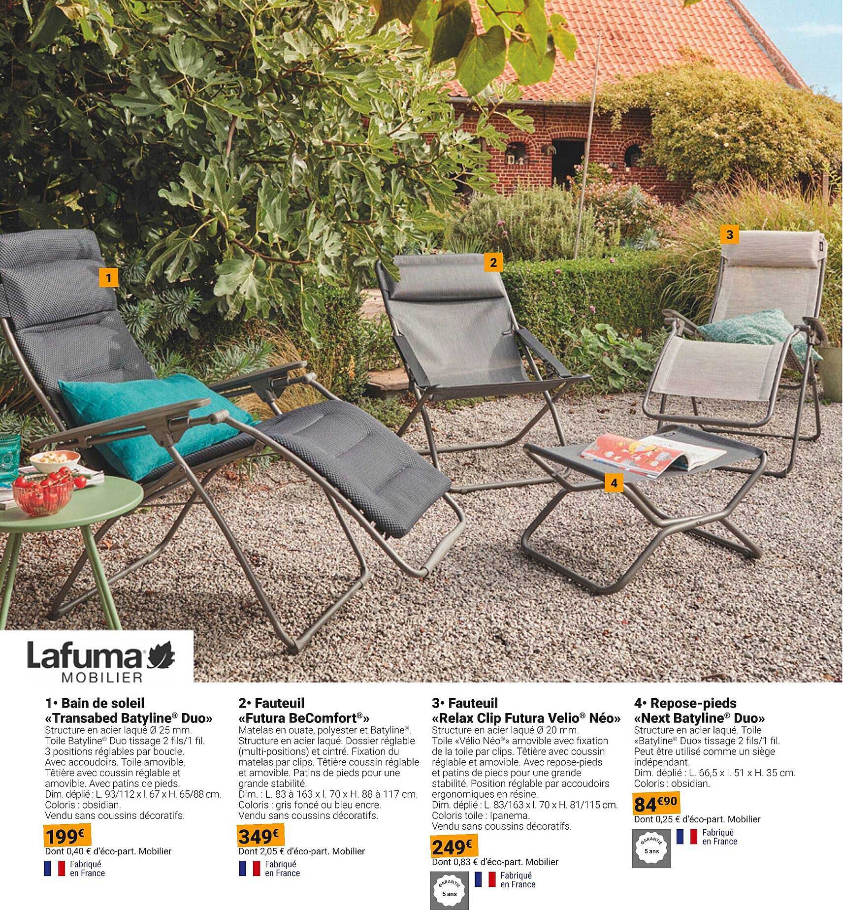 bain de soleil «transabed batyline duo», fauteuil «futura beComfort», fauteuil «relax clip futura vello néo», repose-pieds «next batyline duo»