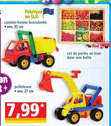 camion-benne basculante, set de perles en bois dans une boîte, pelleteuse