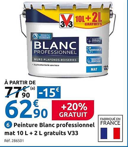 peinture blanc professionnel mat 10l + 2l gratuits v33