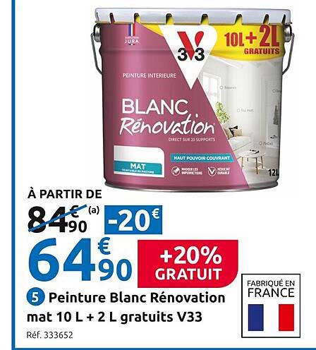 peinture blanc rénovation mat 10l + 2l gratuits v33