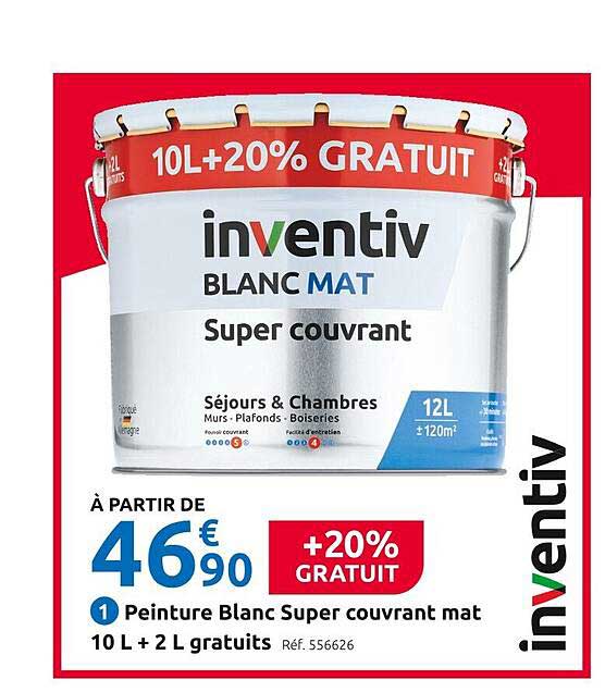 peinture blanc super couvrant mat 10l + 2l gratuits inventiv