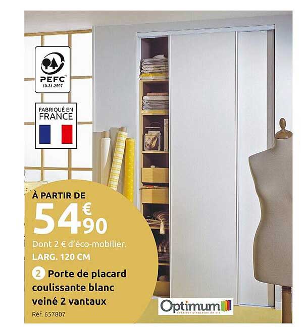 porte de placard coulissante blanc veiné 2 vantaux optimum