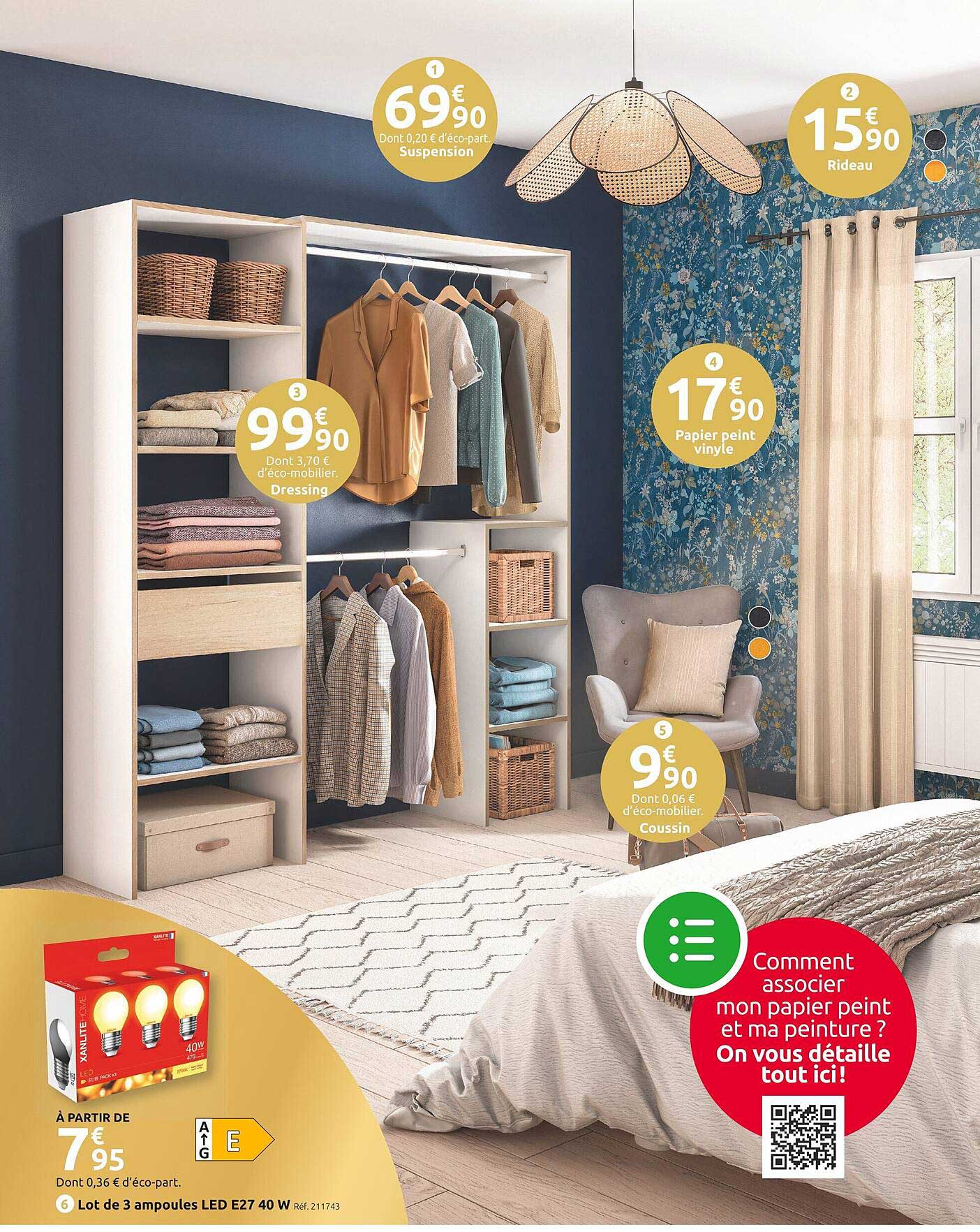 suspension, rideau, dressing, papier peint vinyle, coussin, lot de 3 ampoules led e27 40w