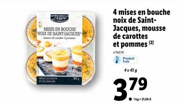 4 mises en bouche noix de saint-jacques, mousse de carottes et pommes deluxe