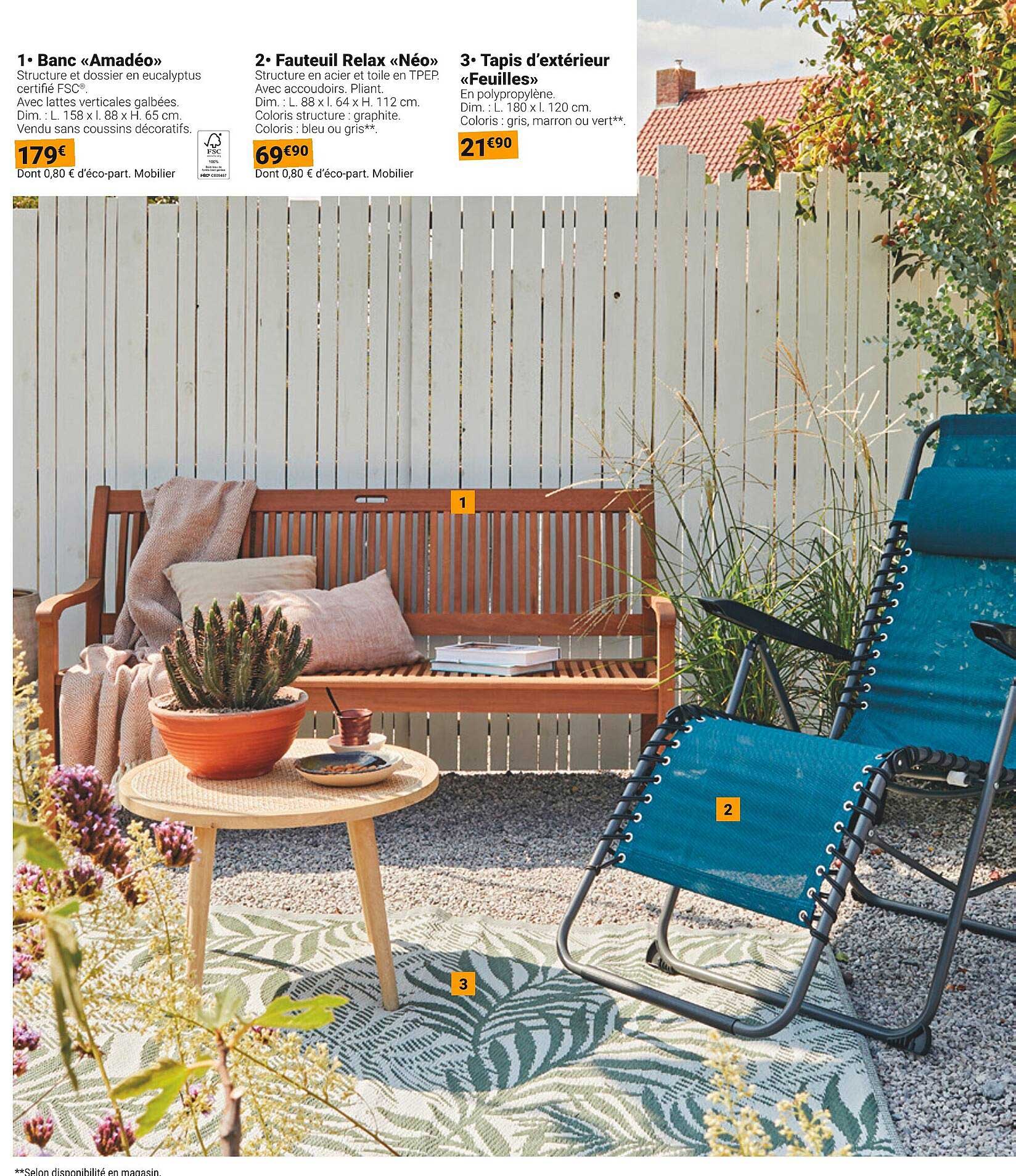 Banc «amadéo», Fauteuil Relax «néo», Tapis D'extérieur «feuilles»