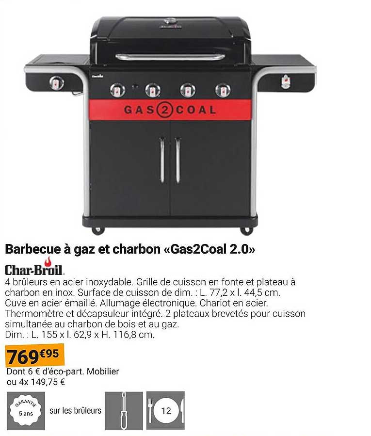 barbecue à gaz et charbon «gas2coal 2.0» char-broil