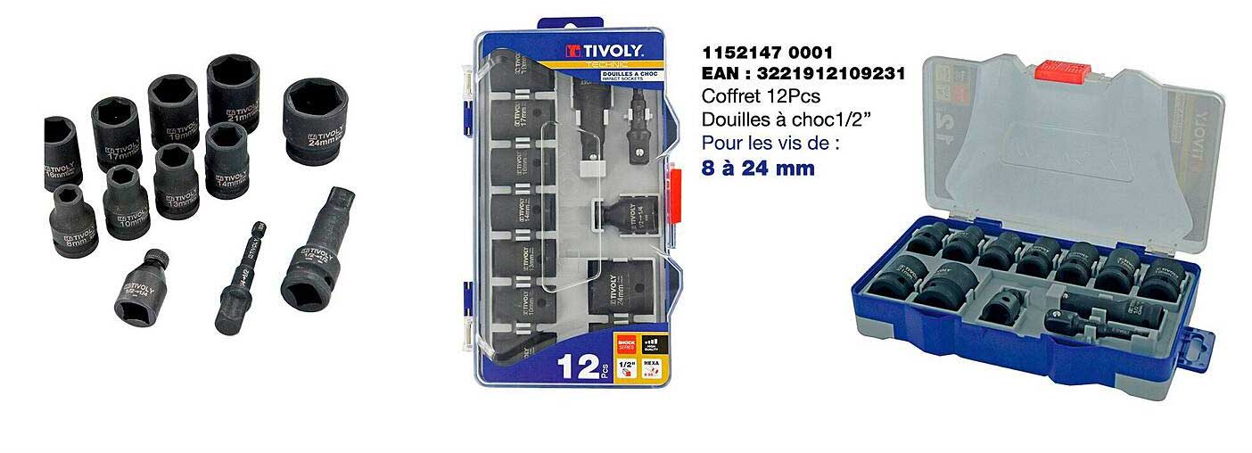 coffret 12 pcs douilles à choc 1-2"