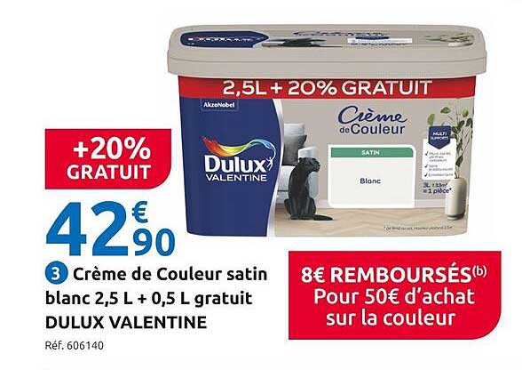 crème de couleur satin blanc 2,5l + 0,5l gratuit dulux valentine