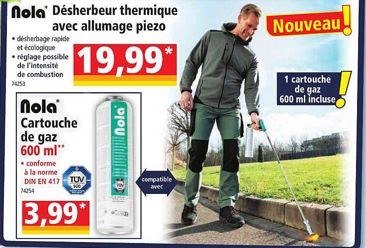 désherbeur thermique avec allumage piezo nola, cartouche de gaz 600ml nola