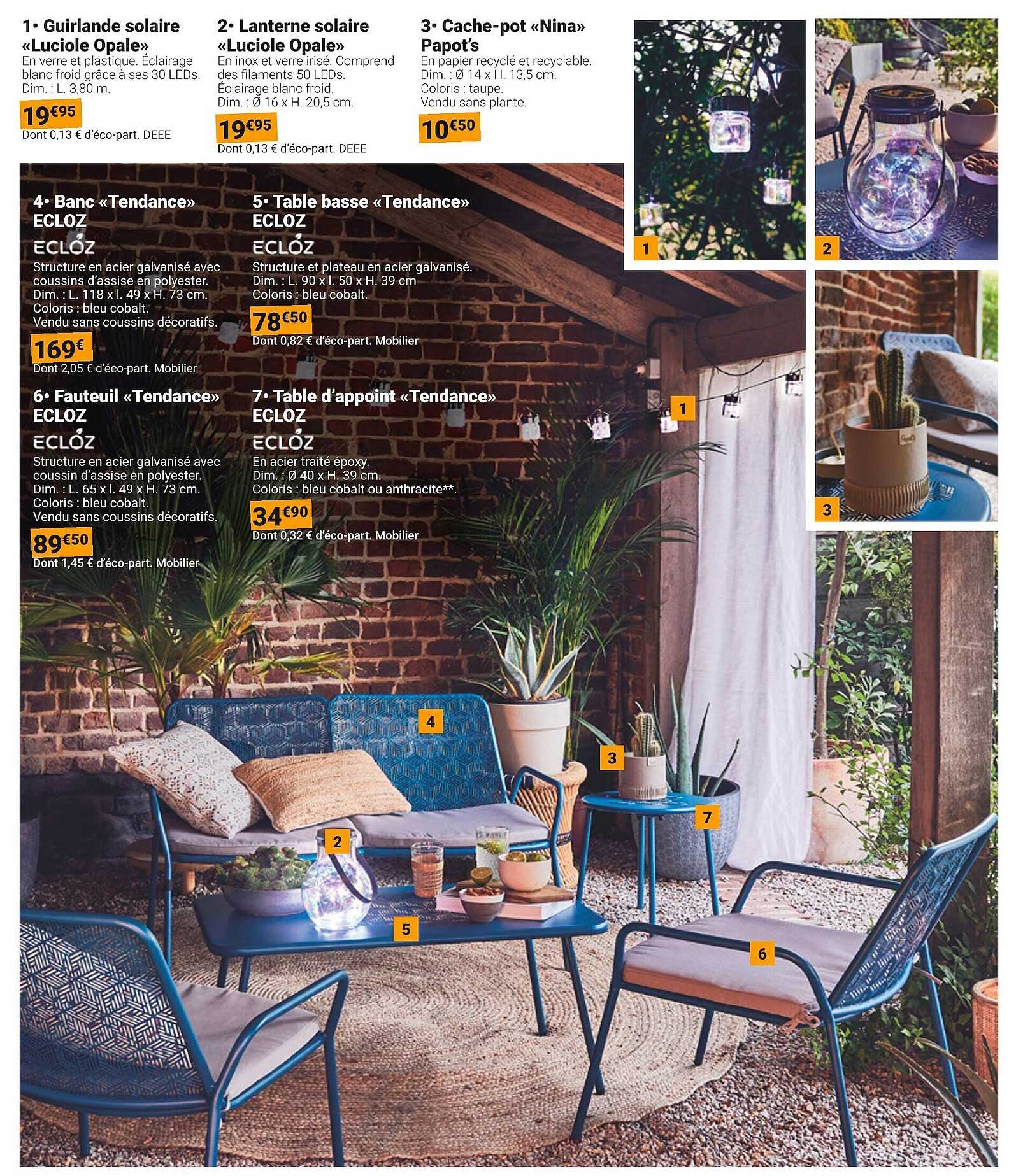 guirlande solaire «luciole opale», lanterne solaire «luciole opale», cache-pot «nina» papot's, banc «tendance» ecloz, table basse «tendance» ecloz, fauteuil «tondance» ecloz, table d'appoint