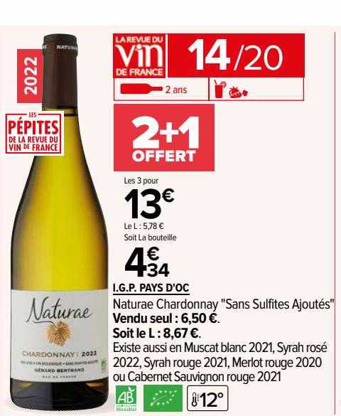 i.g.p. pays d'oc naturae chardonnay "sans sulfites ajoutés"