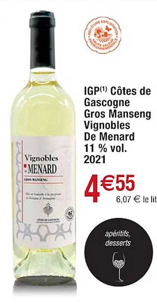 igp côtes de gascogne gros manseng vignobles de menard 11% vol. 2021