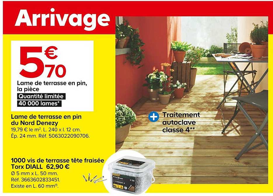 lame de terrasse en pin du nord denezy, 1000 vis de terrasse tête fraisée torx diall