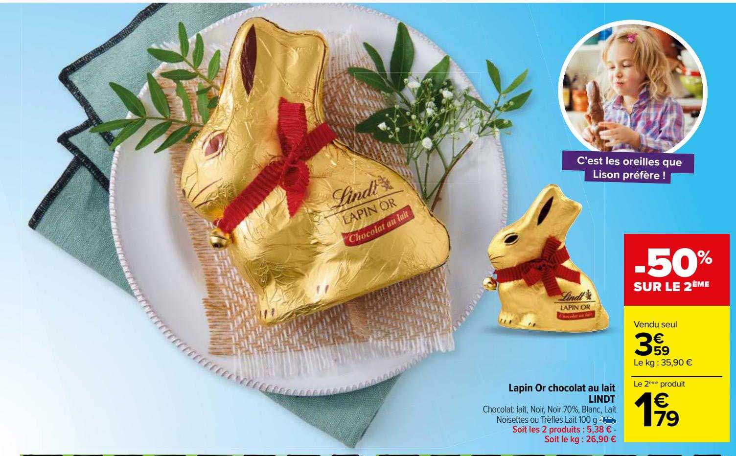 Lapin Or Chocolat Au Lait Lindt -50% Sur Le 2ème