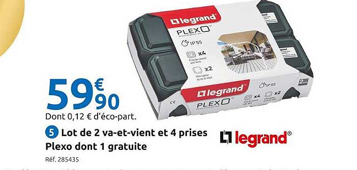 lot de 2 va-et-vient et 4 prises plexo dont 1 gratuite legrand