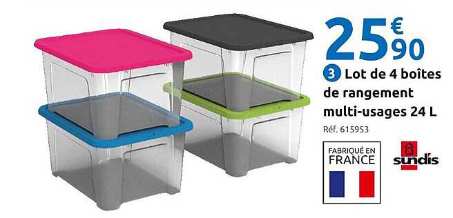 lot de 4 boîtes de rangement multi-usages 24l sundis
