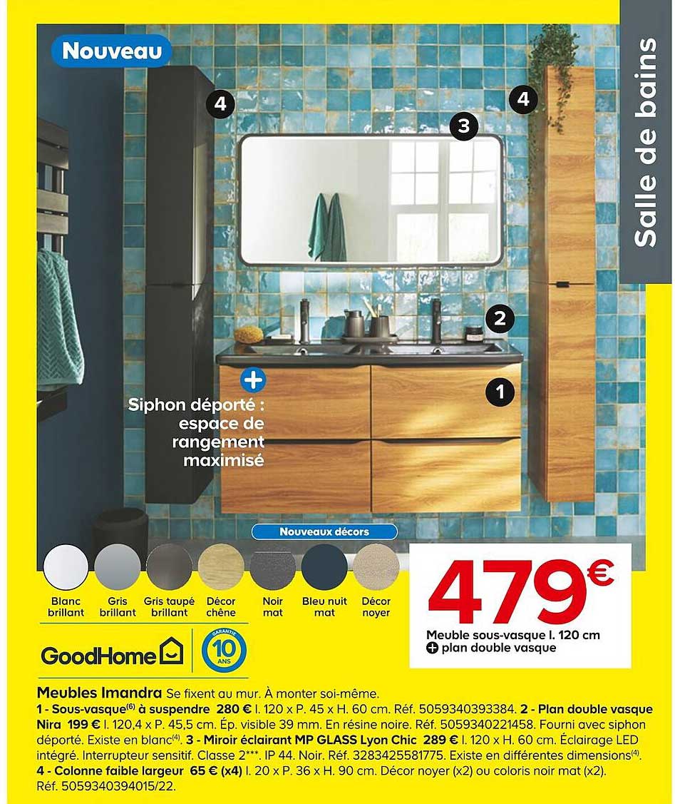 meuble sous-vasque l.120 cm + plan double vasque goodHome