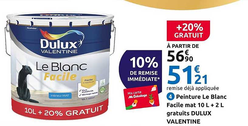 peinture le blanc facile mat 10l + 2l gratuits dulux valentine