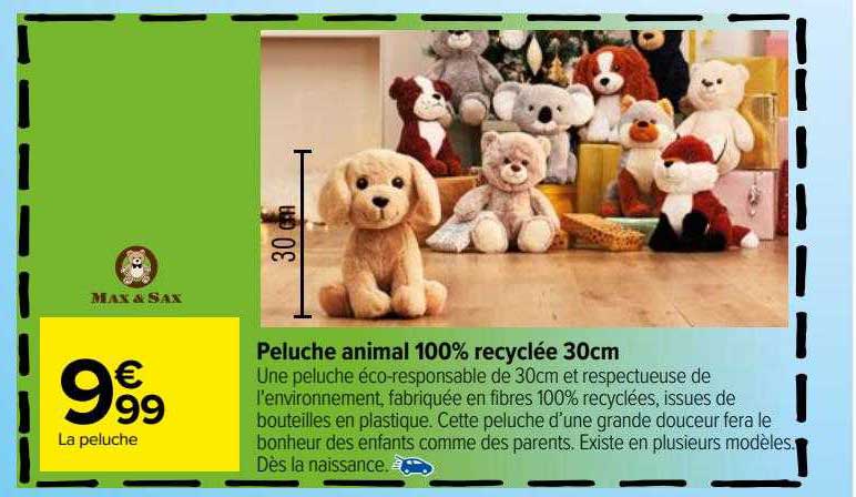 peluche animal 100% recyclée 30 cm max & sax