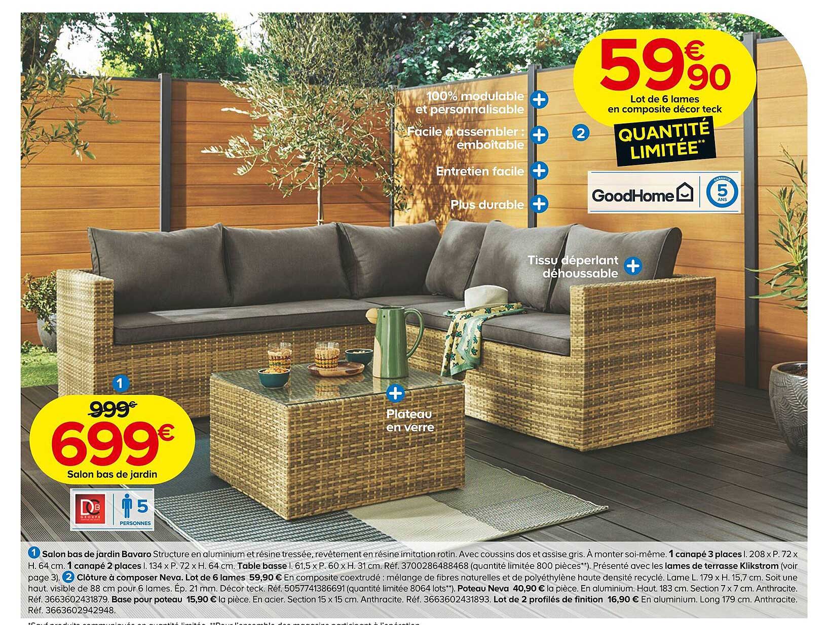 salon bas de jardin goodHome, lot de 6 lames en composite décor teck goodHome