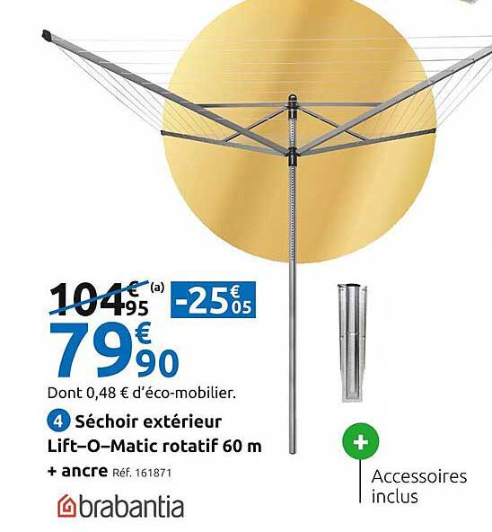 séchoir extérieur lift-o-matic rotatif 60 m + ancre brabantia