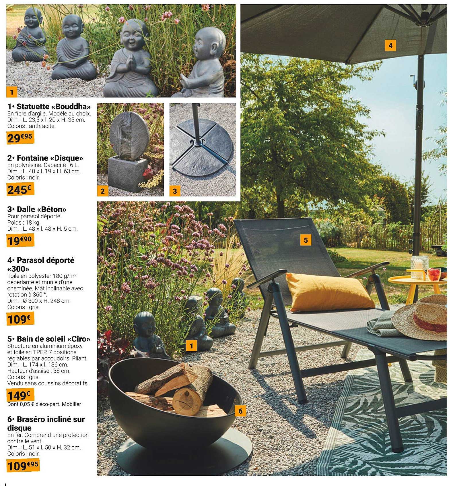 statuette «bouddha», fontaine «disque», dalle «béton», parasol déporté «300», bain de soleil «ciro», braséro incliné sur disque