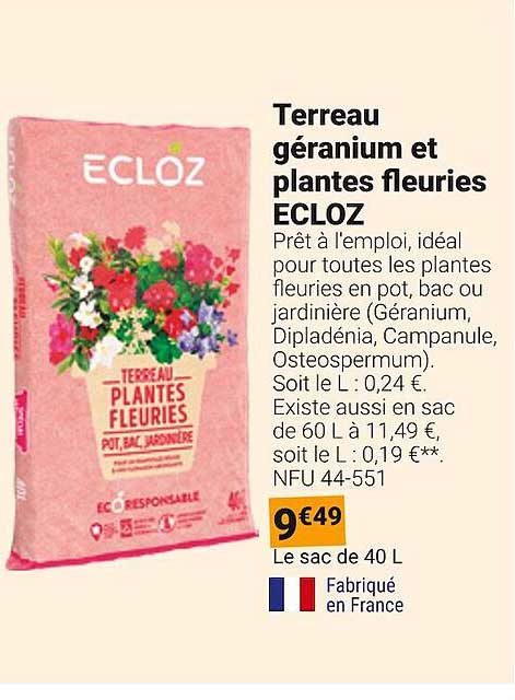 terreau géranium et plantes fleuries ecloz