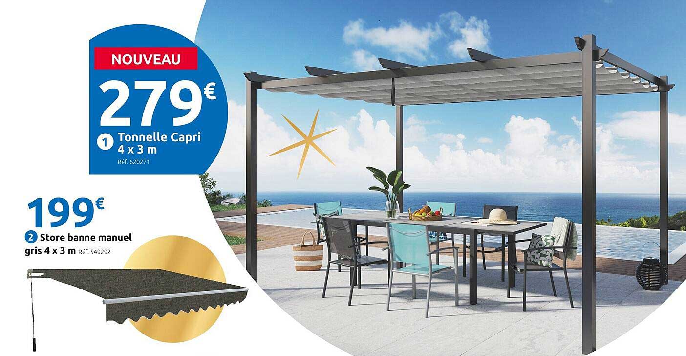 tonnelle capri 4 x 3 m, store banne manuel gris 4 x 3 m