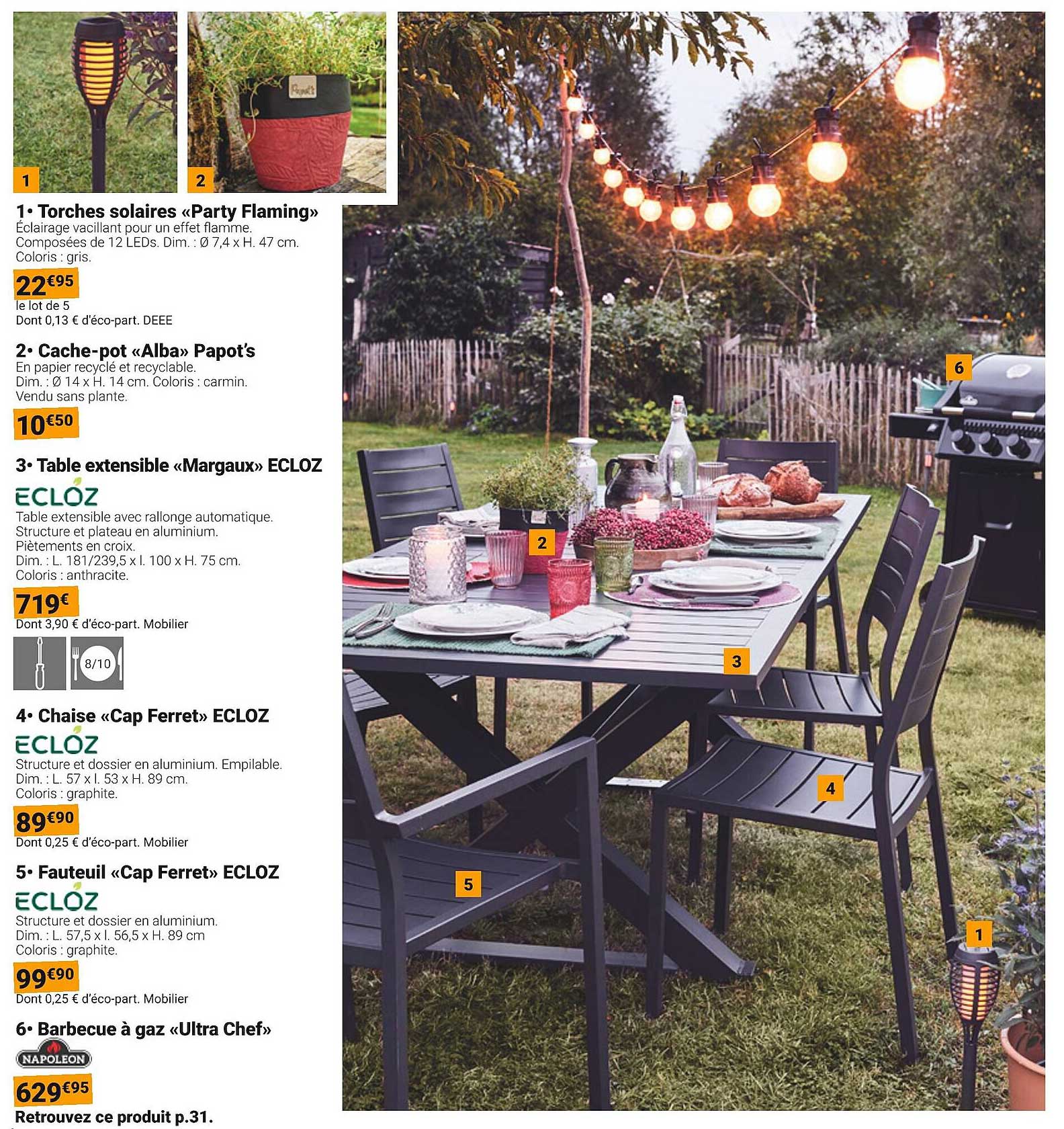 Torches Solaires «party Flaming», Cache-pot «alba» Papot's, Table Extensible «margaux» Ecloz, Chaise «cap Ferret» Ecloz, Fauteuil «cap Ferret» Ecloz, Barbecue à Gaz «ultra Chef» Napoleon