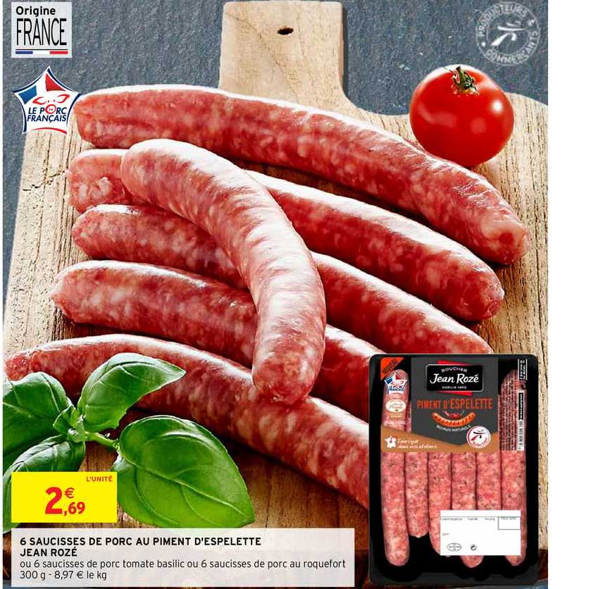 6 saucisses de porc au piment d'espelette jean rozé