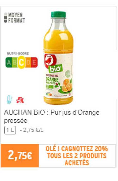 auchan bio : pur jus d'orange pressée