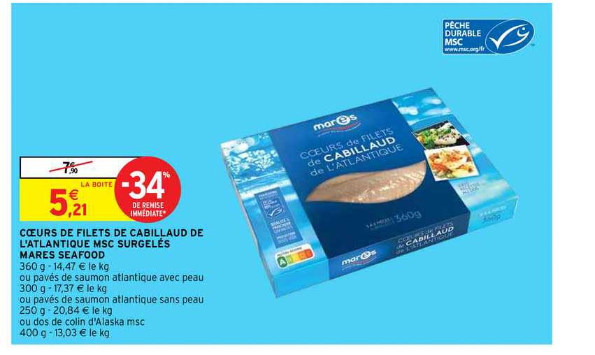 coeurs de filets de cabillaud de l'atlantique msc surgelés mares seafood