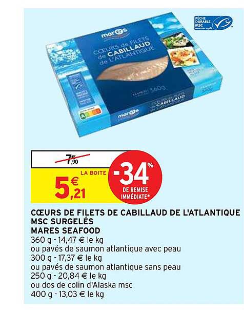coeurs de filets de cabillaud de l'atlantique msc surgelés mares seafood