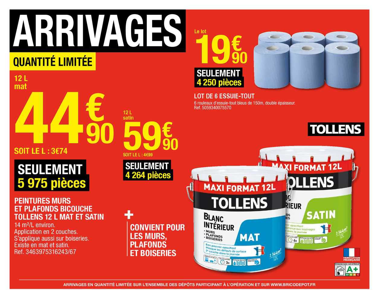 peintures murs et plafonds bicouche tollens 12 l mat et satin, lot de 6 essuie-tout