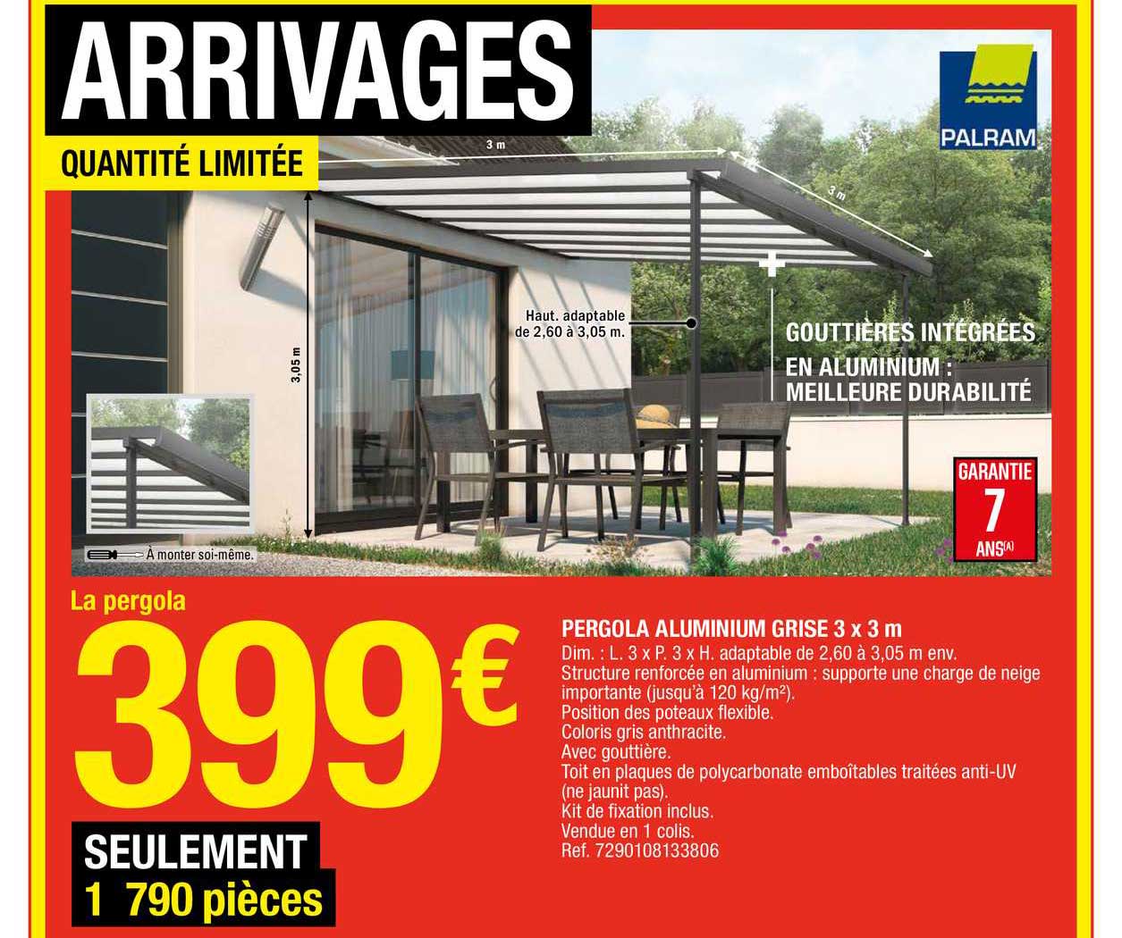 Pergola Aluminium Grise 3 X 3 M