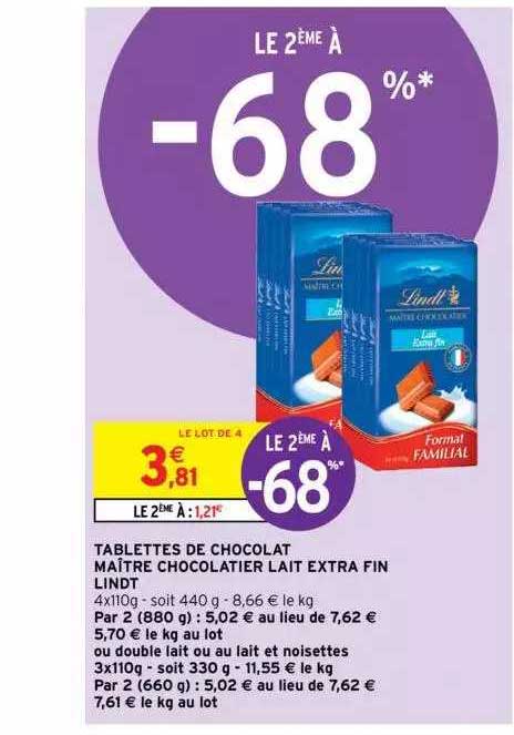 tablettes de chocolat maître chocolatier lait extra fin lindt