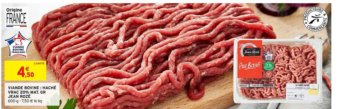 viande bovine : haché vrac 20% mat. gr. jean rozé