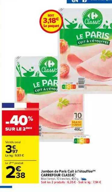 Jambon De Paris Cuits à L'étouffée Carrefour Classic -40% Sur Le 2ème
